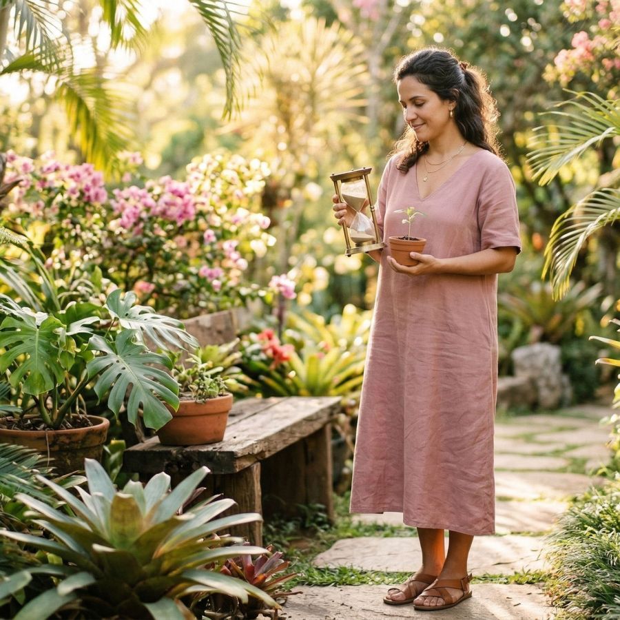 Uma mulher moderna refletindo sobre as estações naturais da vida e da fertilidade.