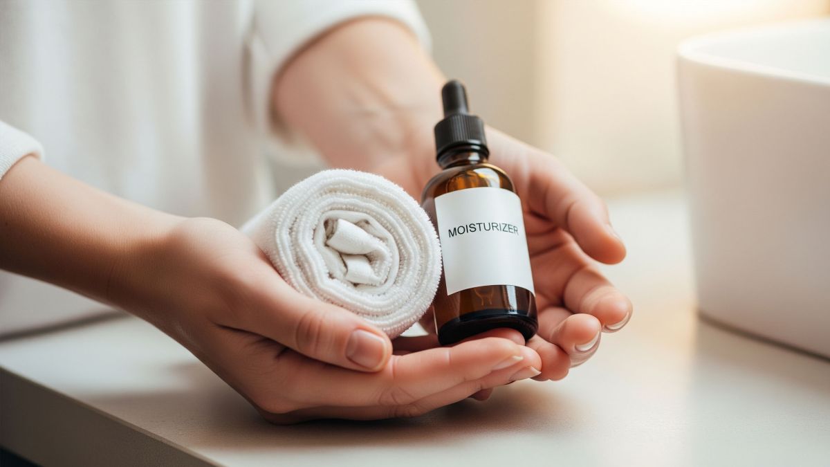 Neutral bathroom scene with moisturizer bottle and towel — vaginal dryness care concept.