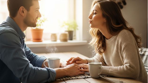 Woman and man sharing a quiet romantic moment over coffee, highlighting the power of small everyday gestures.