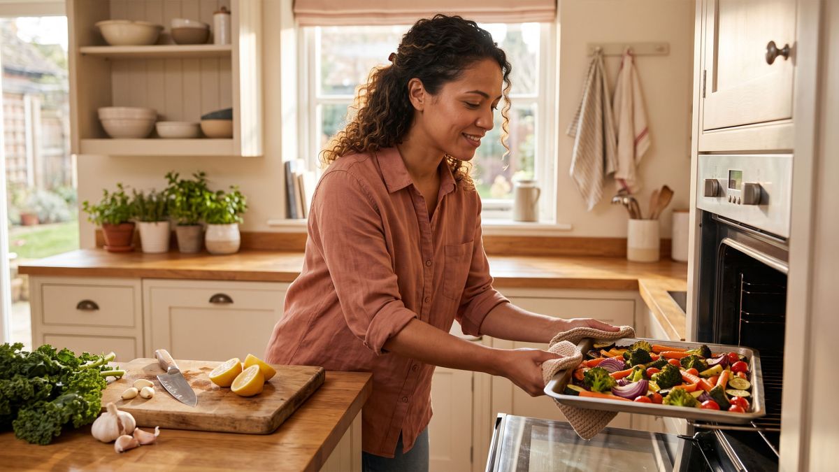 Mujer en una cocina iluminada por el sol sacando una bandeja de verduras asadas del horno mientras aprende a cocinar en casa.