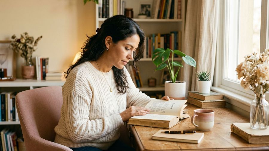 Una mujer sentada en un escritorio iluminado leyendo y reflexionando con luz cálida y suave