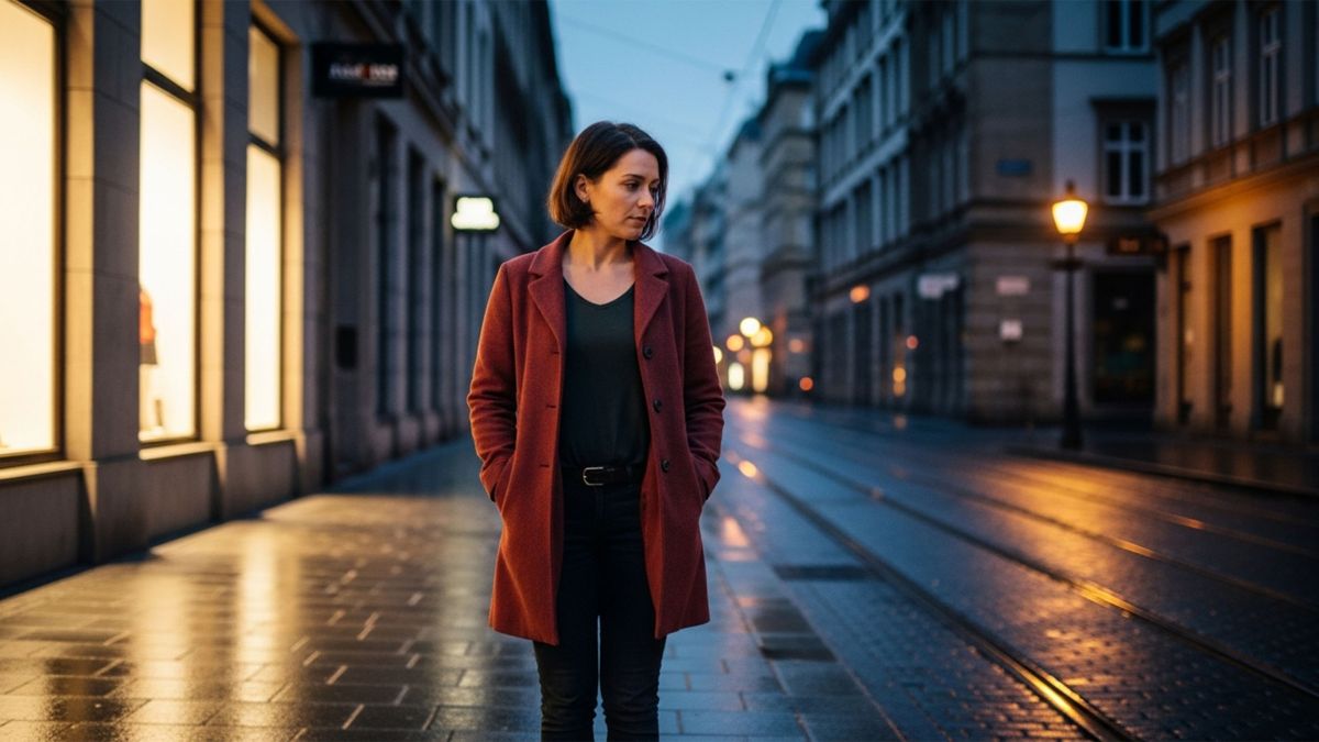Mujer caminando sola por una calle de ciudad al atardecer, simbolizando la preocupación por la seguridad y la confianza en las instituciones occidentales.