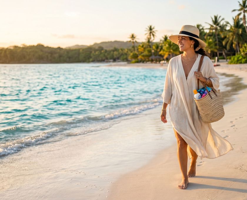 Una mujer camina por una prístina costa tropical sosteniendo un sombrero para el sol y una bolsa de playa tejida.