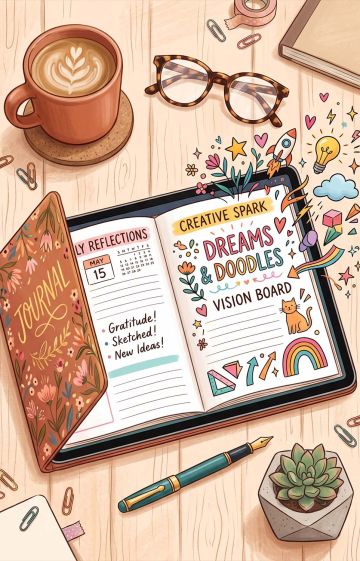 An open, colorful digital journal with playful doodles emerging from the pages, representing personal storytelling.