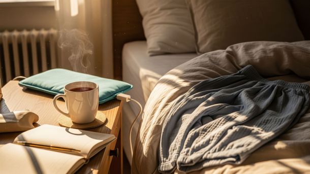 Cozy period comfort setup with tea, heating pad, and journal on a bedside table