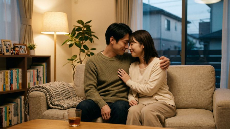 建設的な会話の後、落ち着いたつながりと相互理解を分かち合うカップル。