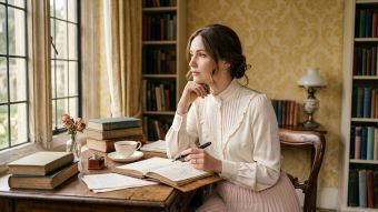 Woman writing at an antique desk in front of faded yellow wallpaper, evoking the history of the Victorian rest cure and The Yellow Wallpaper