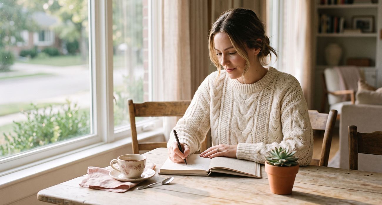 Woman journaling her menstrual cycle by a sunlit window for natural body literacy