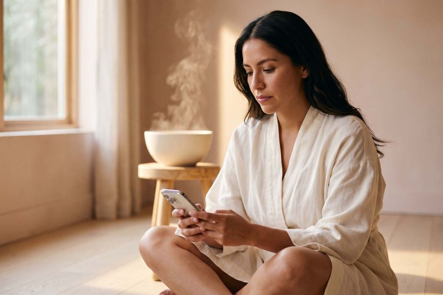 Mujer con ropa de lino color marfil leyendo su teléfono a la luz natural, con vapor de hierbas elevándose detrás de ella, ilustrando cómo se propagan en internet las tendencias virales de bienestar