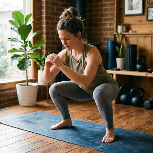 Una mujer haciendo ejercicio en casa, representando el fitness posparto y la recuperación física después del parto.