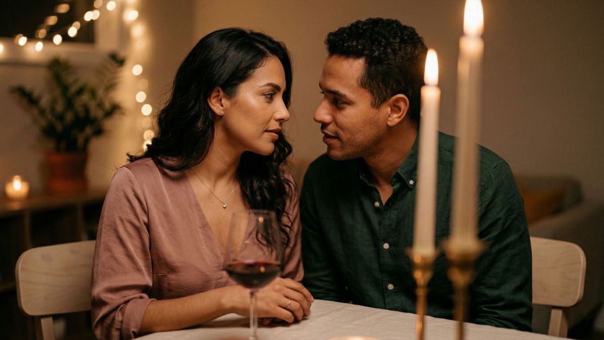 Una pareja compartiendo una cena cálida a la luz de las velas en casa, riendo y acercándose con una conexión genuina