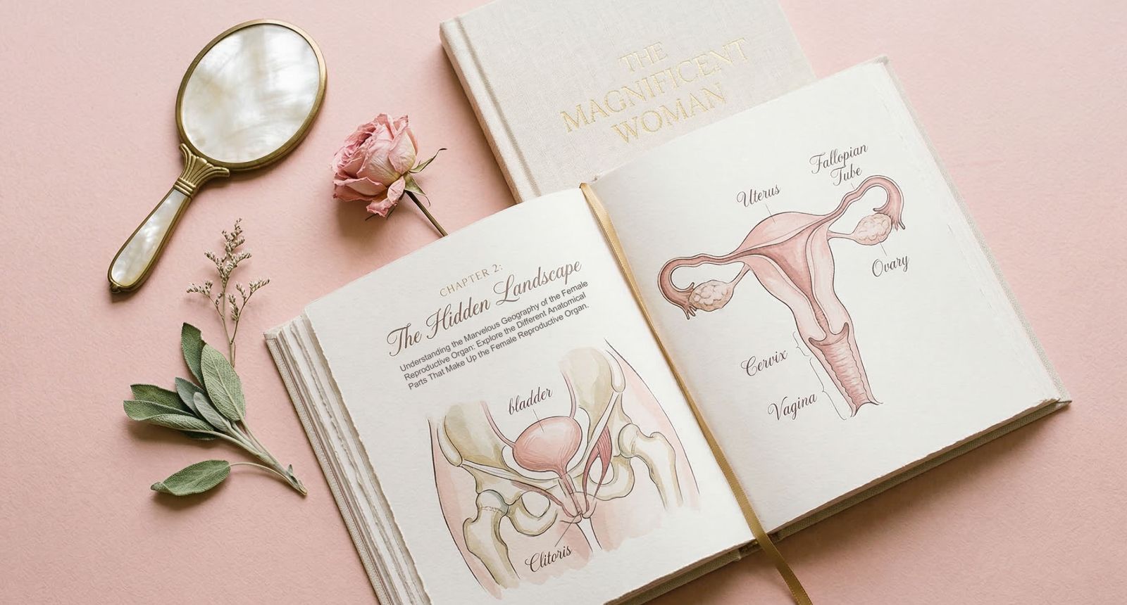 Illustrated open anatomy reference book surrounded by soft botanical elements on a blush pink background, representing accessible women’s health education.