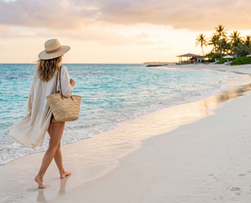 A woman walking along a pristine tropical shoreline holding a sun hat and a woven beach bag.