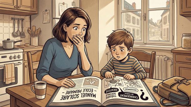 Une mère et son enfant examinant ensemble du matériel pédagogique à la maison.