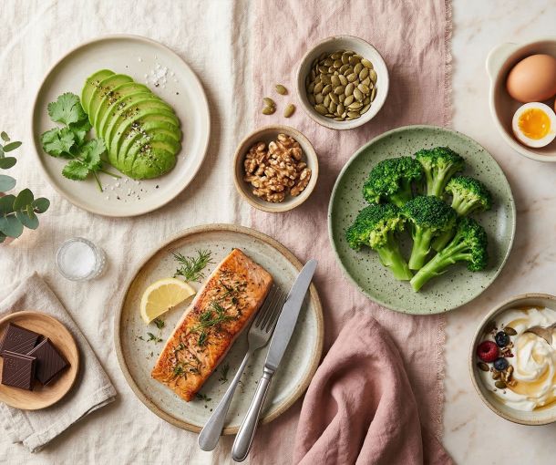 A flat-lay of foods that support hormonal balance including avocado, salmon, eggs, walnuts, and dark chocolate on a linen surface