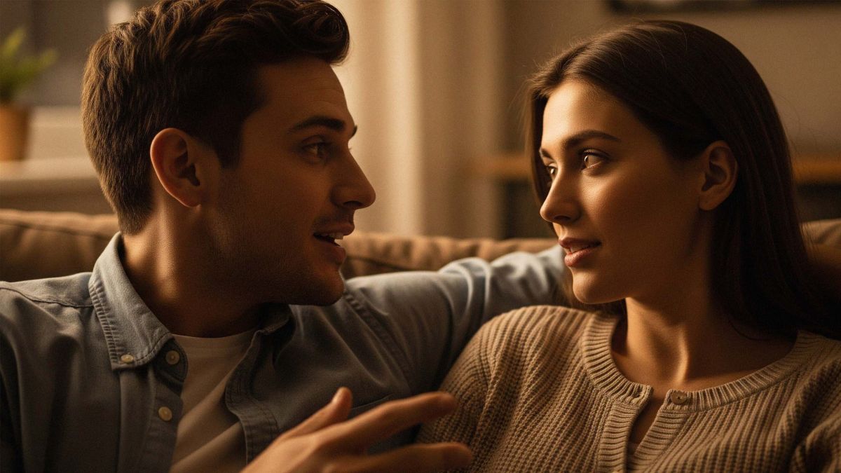 Una pareja practicando la escucha activa, un miembro de la pareja habla mientras el otro escucha con atención.