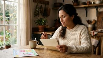 Mujer sentada en una mesa de cocina iluminada por el sol, sosteniendo un bolígrafo sobre una papeleta y reflexionando sobre cómo las mujeres forman sus opiniones políticas