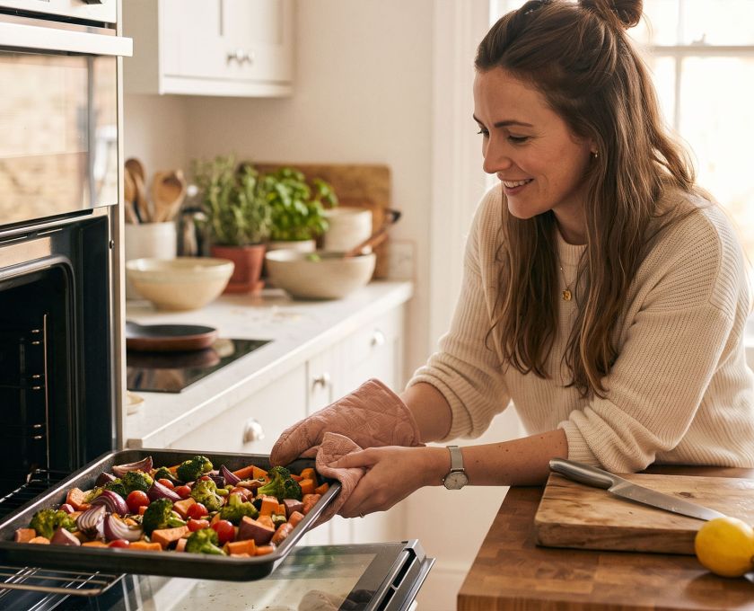 Woman in a sunlit home kitchen taking a tray of roasted vegetables from the oven while learning to cook at home