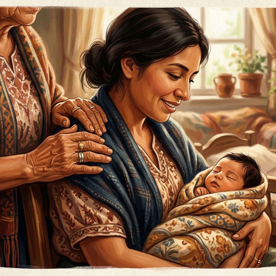 Una abuela apoyando a una madre reciente y a su bebé en un ambiente hogareño cálido.