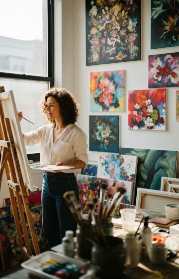 A woman painting at an easel, surrounded by colorful artwork and creative energy.