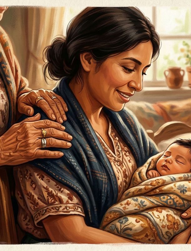Una abuela apoyando a una madre reciente y a su bebé en un ambiente hogareño cálido.