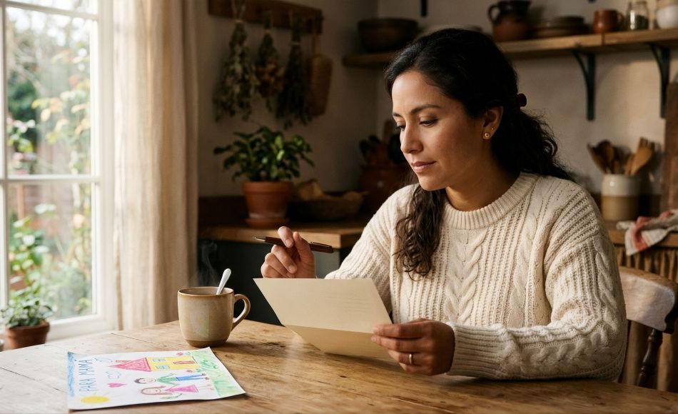 Mujer sentada en una mesa de cocina iluminada por el sol, sosteniendo un bolígrafo sobre una papeleta y reflexionando sobre cómo las mujeres forman sus opiniones políticas