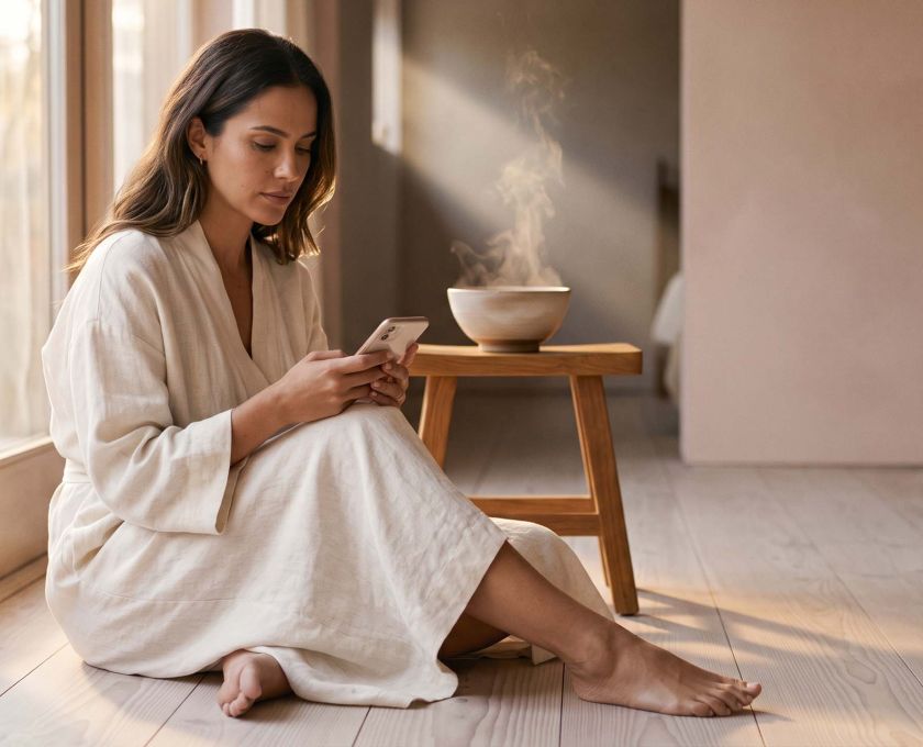 Mulher usando linho marfim lê o celular à luz suave do dia, com vapor de ervas subindo atrás dela, ilustrando como tendências virais de bem-estar se espalham online