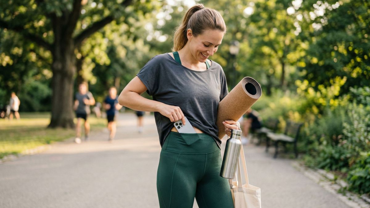 Eine Frau in salbeigrünen Leggings steckt ihr Smartphone beim Spaziergang in den Bund.