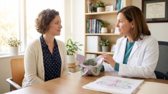 Illustrated anatomical diagram of the clitoris with clinical measurement labels, rendered in soft pastel tones for a women's health article on clitoromegaly