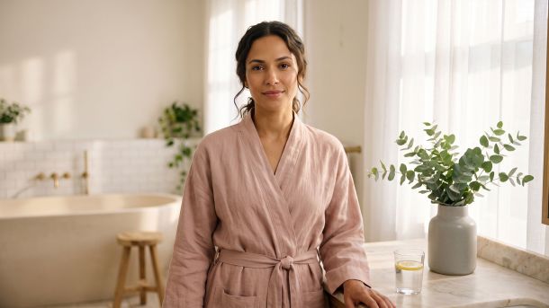 Mulher serena usando um robe rosa suave sob a luz da manhã, representando o equilíbrio natural do pH vaginal e o bem-estar íntimo diário