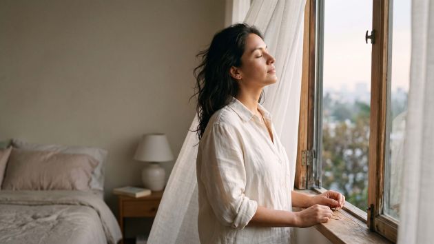 Mujer con lino color marfil junto a una ventana abierta bajo una suave luz matutina, ilustrando la ciencia natural del olor corporal femenino