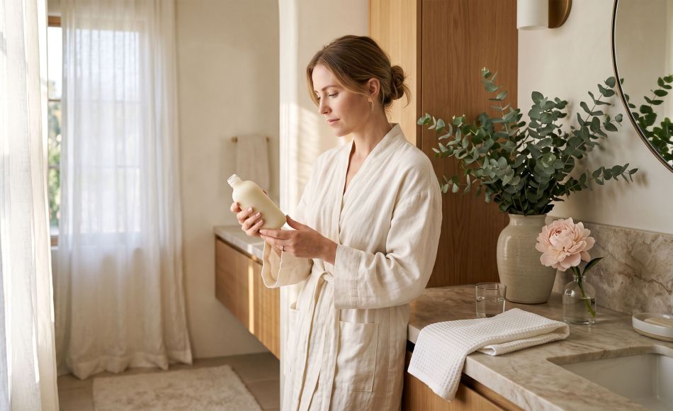Woman in ivory robe thoughtfully reading a fragrance-free intimate care product label in a sunlit bathroom