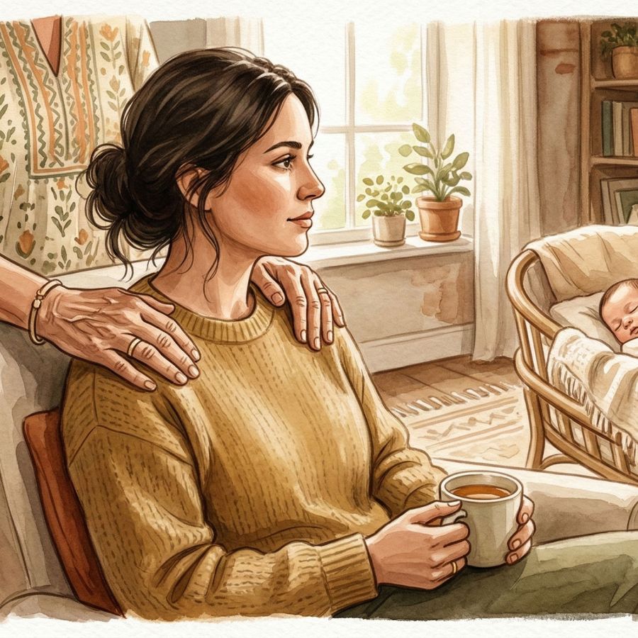 A grandmother supporting a new mother and her infant in a warm home setting.