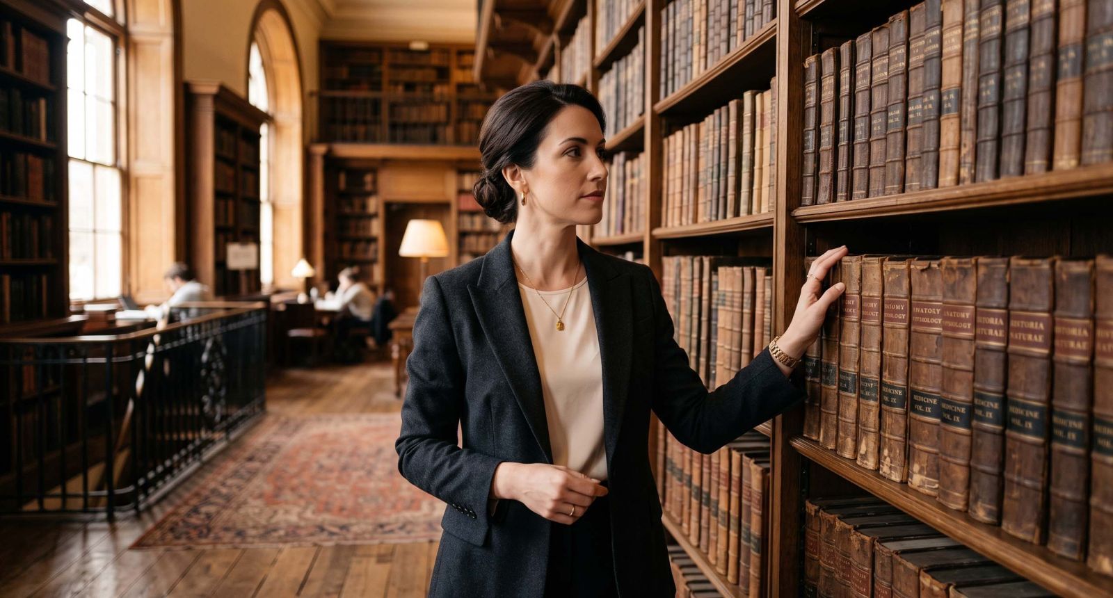Elegant woman studying antique anatomy books in a historical medical library, illustrating the history of the wandering womb theory in women's medicine