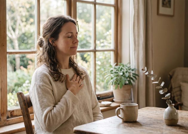 Woman by a window taking a slow breath to calm an overactive nervous system