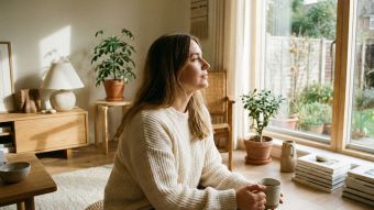 A woman practicing mindful breathing in a bright, peaceful room to lower stress levels.