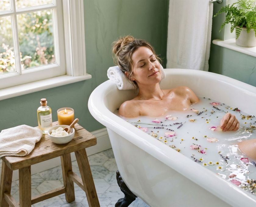 Woman relaxing in a bath surrounded by natural botanicals and seasonal flowers.