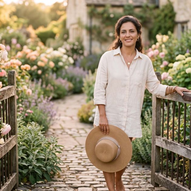 Mulher serena vestindo linho diante de um portão de jardim coberto de rosas sob a luz dourada durante um fim de semana sem telas para cultivar uma mentalidade positiva.