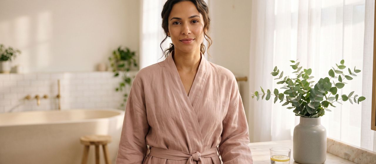 Mulher serena usando um robe rosa suave sob a luz da manhã, representando o equilíbrio natural do pH vaginal e o bem-estar íntimo diário