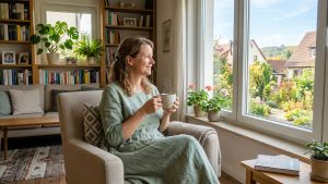 Eine ruhige Frau genießt einen stillen Moment in einem hellen, sauberen Zuhause.