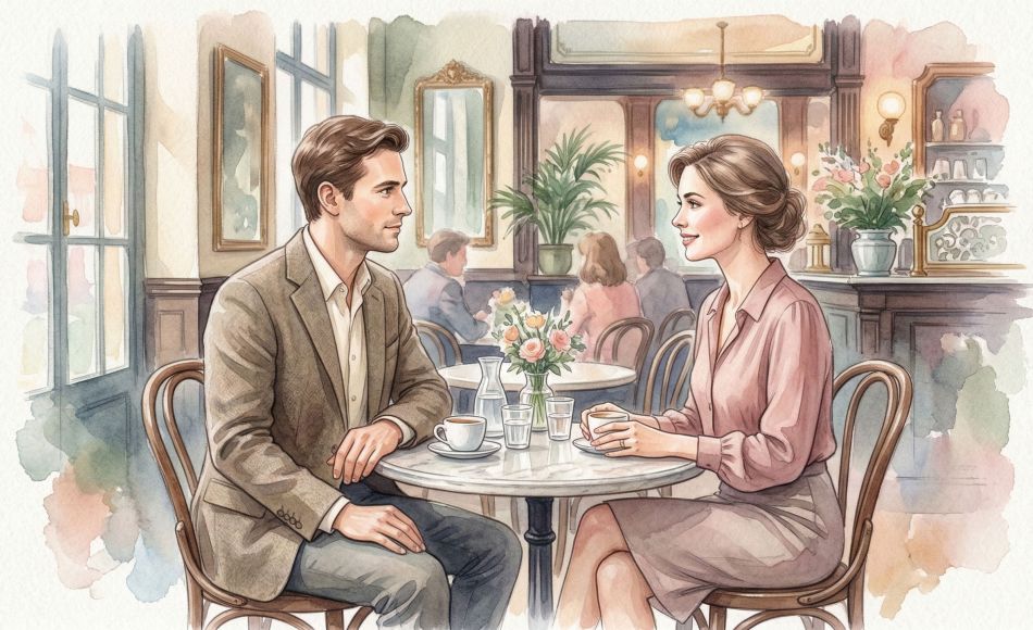 Un homme et une femme lors d’une première rencontre respectueuse, montrant des signaux non verbaux positifs.