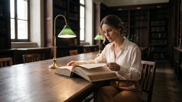 Mulher pesquisando a história da anatomia feminina em antigos livros médicos em uma mesa iluminada de uma biblioteca de arquivo