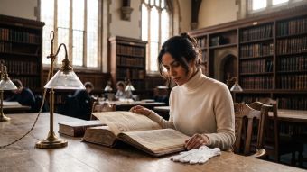 Mulher usando caxemira creme estudando um antigo fólio anatômico em uma biblioteca de livros raros banhada pelo sol enquanto pesquisa a história da anatomia feminina
