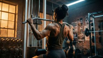 Fuerte atleta femenina entrenando en el gimnasio, vista trasera mostrando músculos definidos de espalda y brazos bajo iluminación lateral dramática