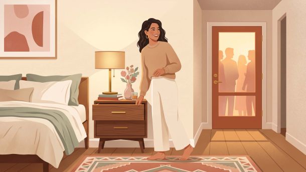 Mujer ilustrada cerrando discretamente el cajón de su mesita de noche cuando llegan visitas