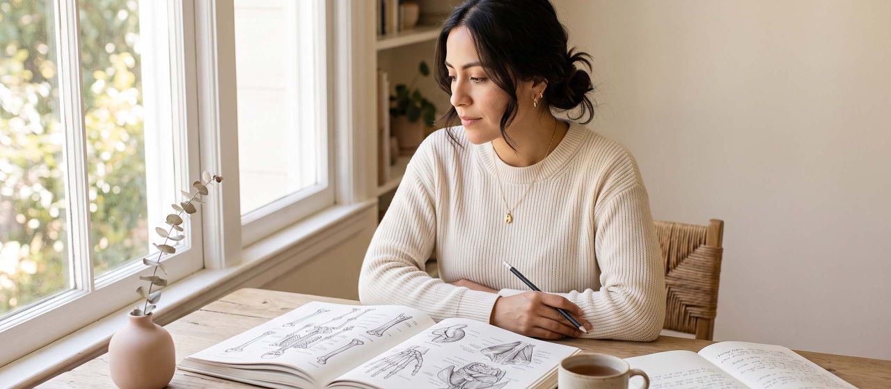 Mujer con un suéter de punto color crema estudiando un atlas de anatomía ilustrado en un escritorio iluminado por el sol mientras aprende sobre la anatomía genital femenina