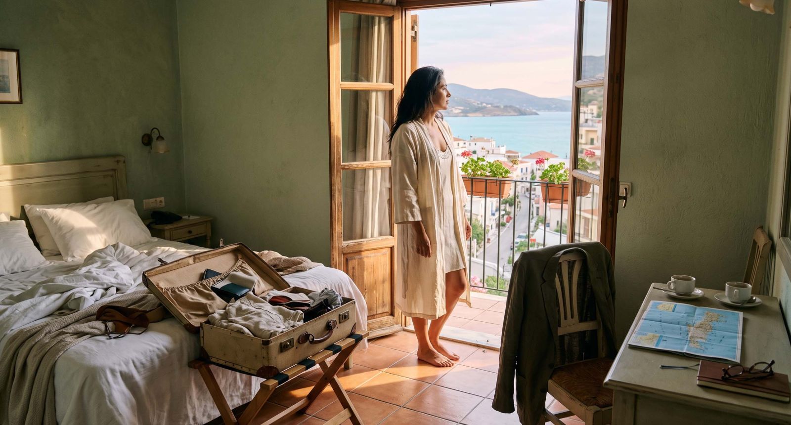 Mujer con bata de lino en la entrada del balcón de un hotel a la luz de la mañana, reflexionando sobre por qué viajar no restaura la cercanía en un matrimonio
