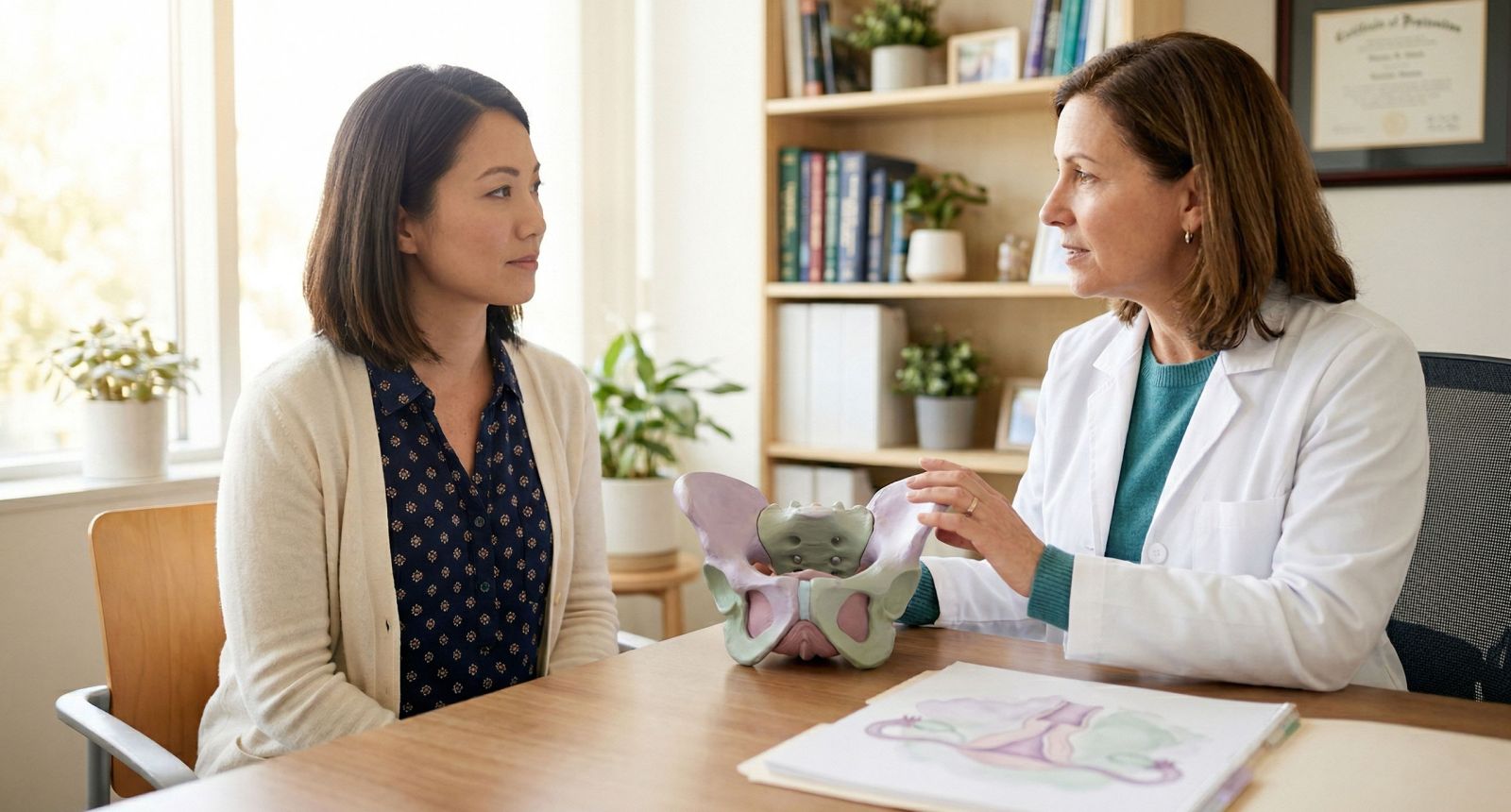 クリトリスの解剖学的イラスト図で臨床測定ラベル付き、女性の健康に関するクリトリスメガリー記事向けの柔らかいパステルトーンでレンダリング