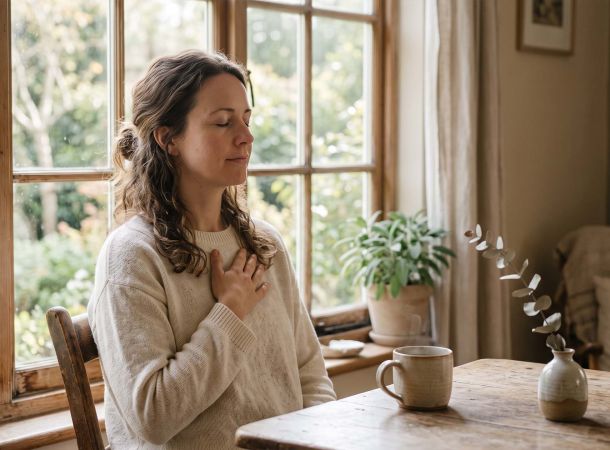 Woman by a window taking a slow breath to calm an overactive nervous system