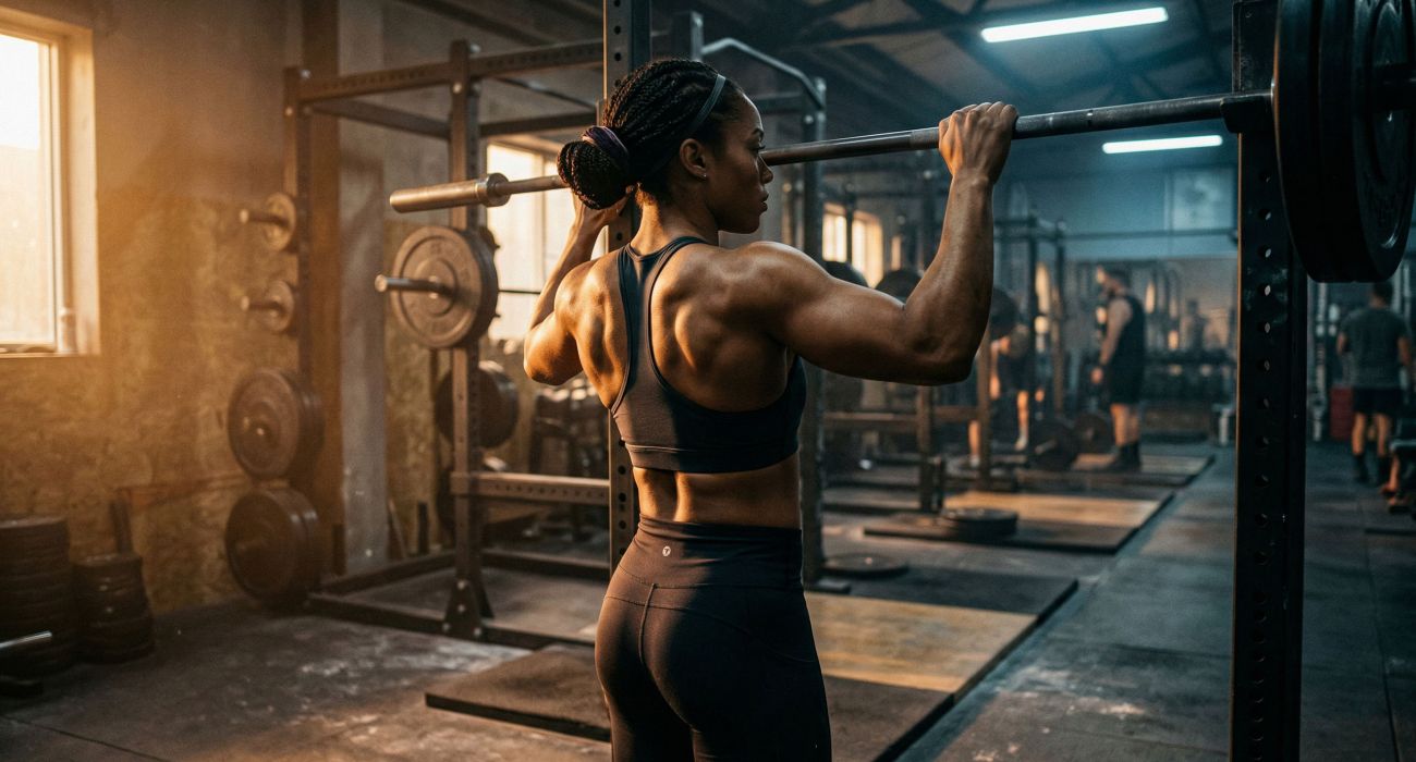 Strong female athlete training in a gym, rear view showing defined back and arm muscles in dramatic side lighting